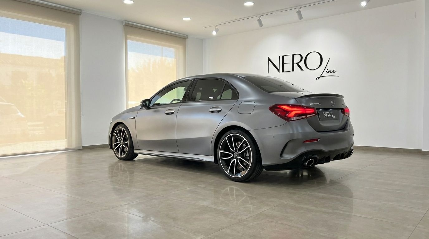 The matte grey Mercedes-Benz A35 AMG Limousine is elegantly displayed from a rear three-quarter angle in a showroom in Alicante.