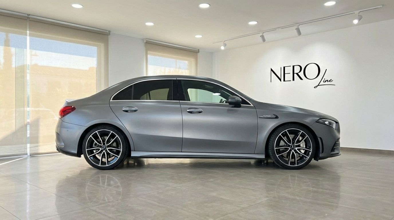 The matte grey Mercedes-Benz A35 AMG Limousine is showcased from its side profile in an indoor showroom in Alicante.
