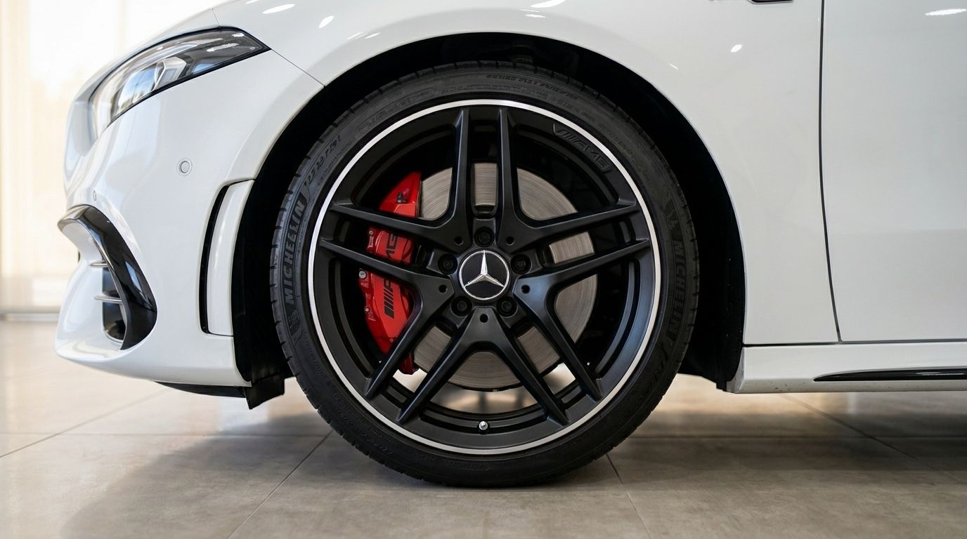La roue avant de la Mercedes-Benz A45s AMG, avec jantes noires à rayons multiples et étriers de frein rouges, à Marbella.