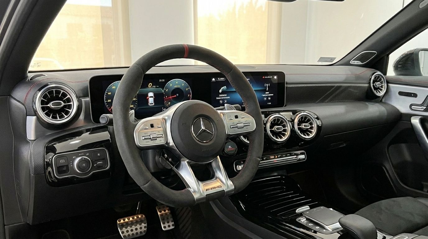 L'intérieur luxueux de la Mercedes-Benz A45s AMG à Marbella, montrant le volant, le tableau de bord et les écrans numériques.