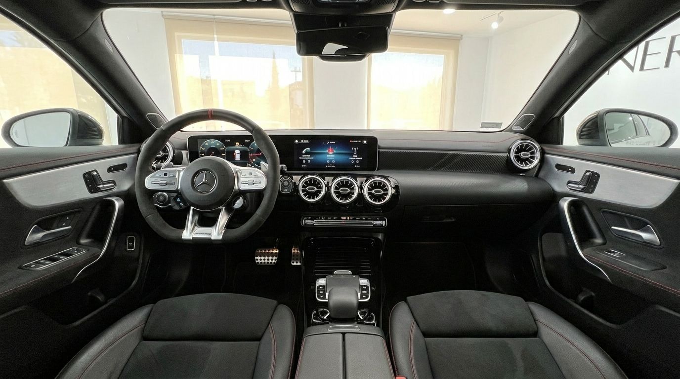 Le luxueux habitacle et tableau de bord de la Mercedes-Benz A45s AMG, avec un volant sportif et des écrans numériques à Marbella.