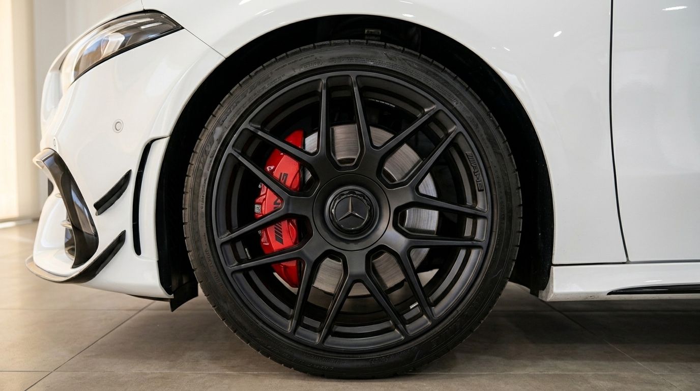 Primer plano de la llanta negra multirradio del Mercedes-Benz A45s AMG con pinza de freno AMG roja en Madrid.