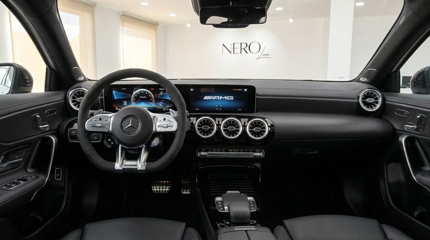 El lujoso interior negro del Mercedes-Benz A45s AMG en Madrid, con el volante deportivo, pantallas digitales duales y salidas de aire circulares.