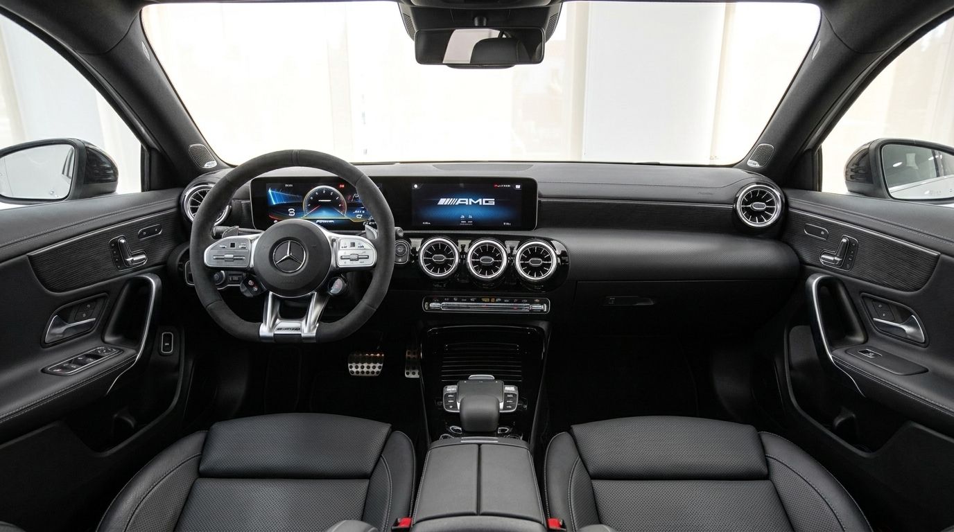 El lujoso interior del Mercedes-Benz A45s AMG en Madrid, mostrando el volante, salpicadero digital y asientos de cuero negro.