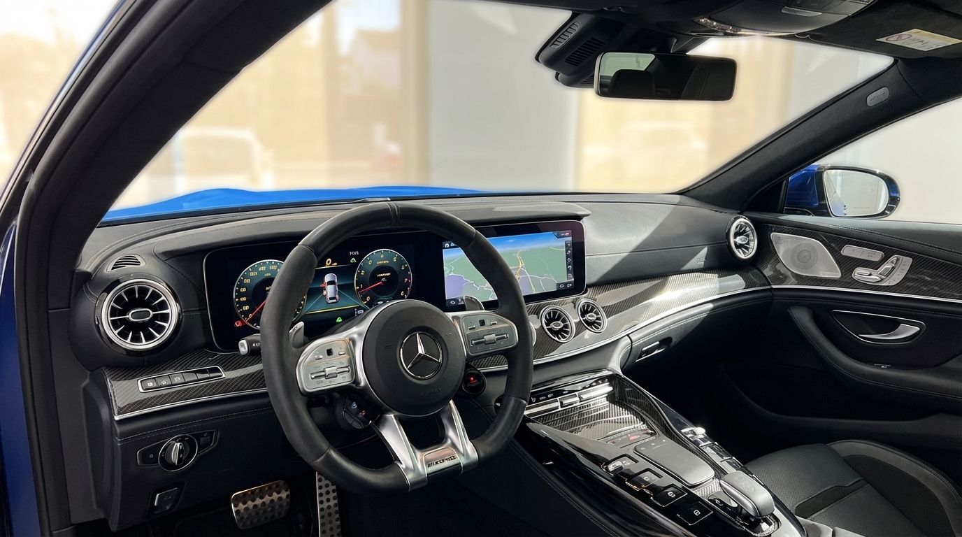 The luxurious interior of the blue Mercedes-Benz AMG GT 4-Door Coupe in Alicante, featuring the steering wheel, dashboard, and infotainment system.