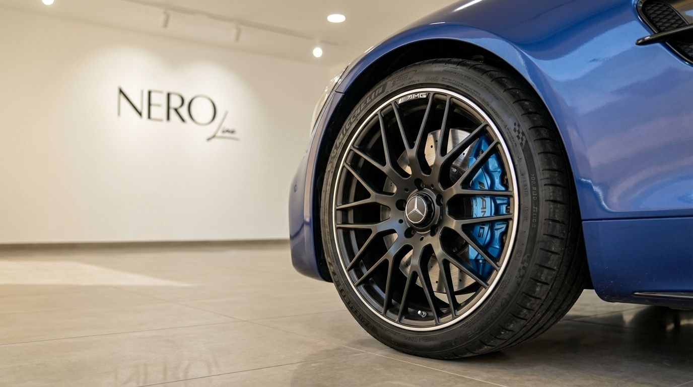 The blue Mercedes-Benz AMG GT 4-Door Coupe's front wheel with black spokes and blue AMG brake calipers, in Alicante.