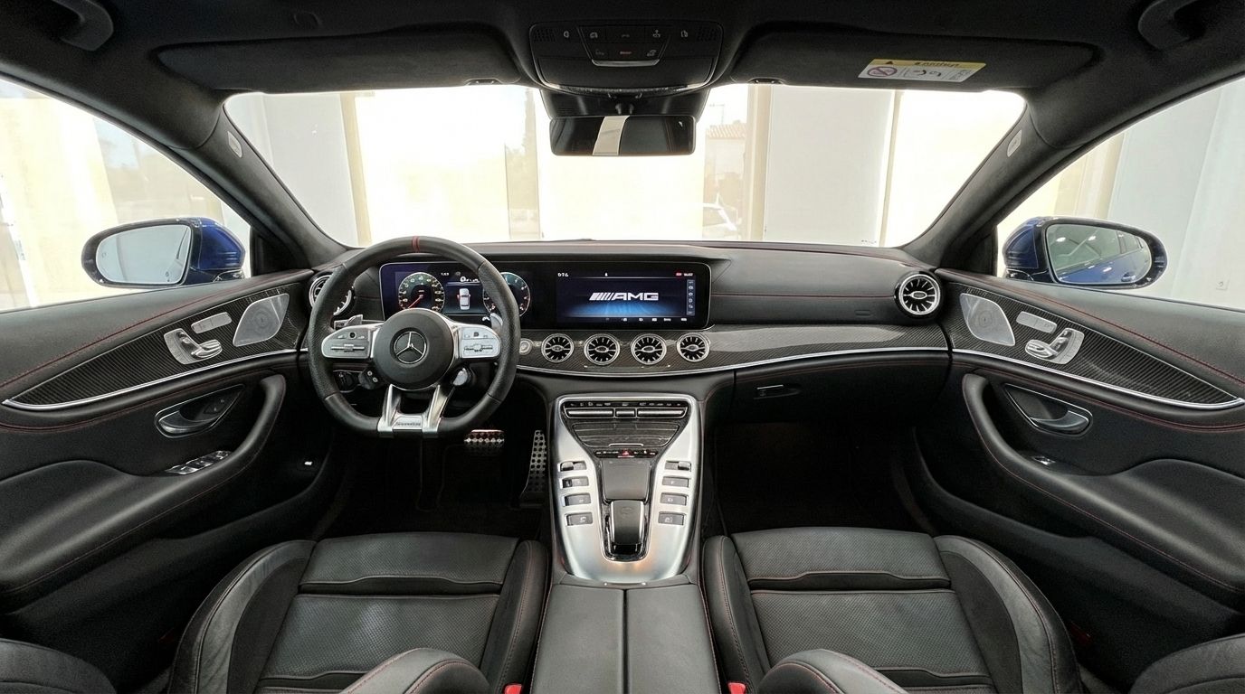 The luxurious interior of the Mercedes-Benz AMG GT 4-Door Coupe in Alicante, showcasing the dashboard, steering wheel, and front seats.