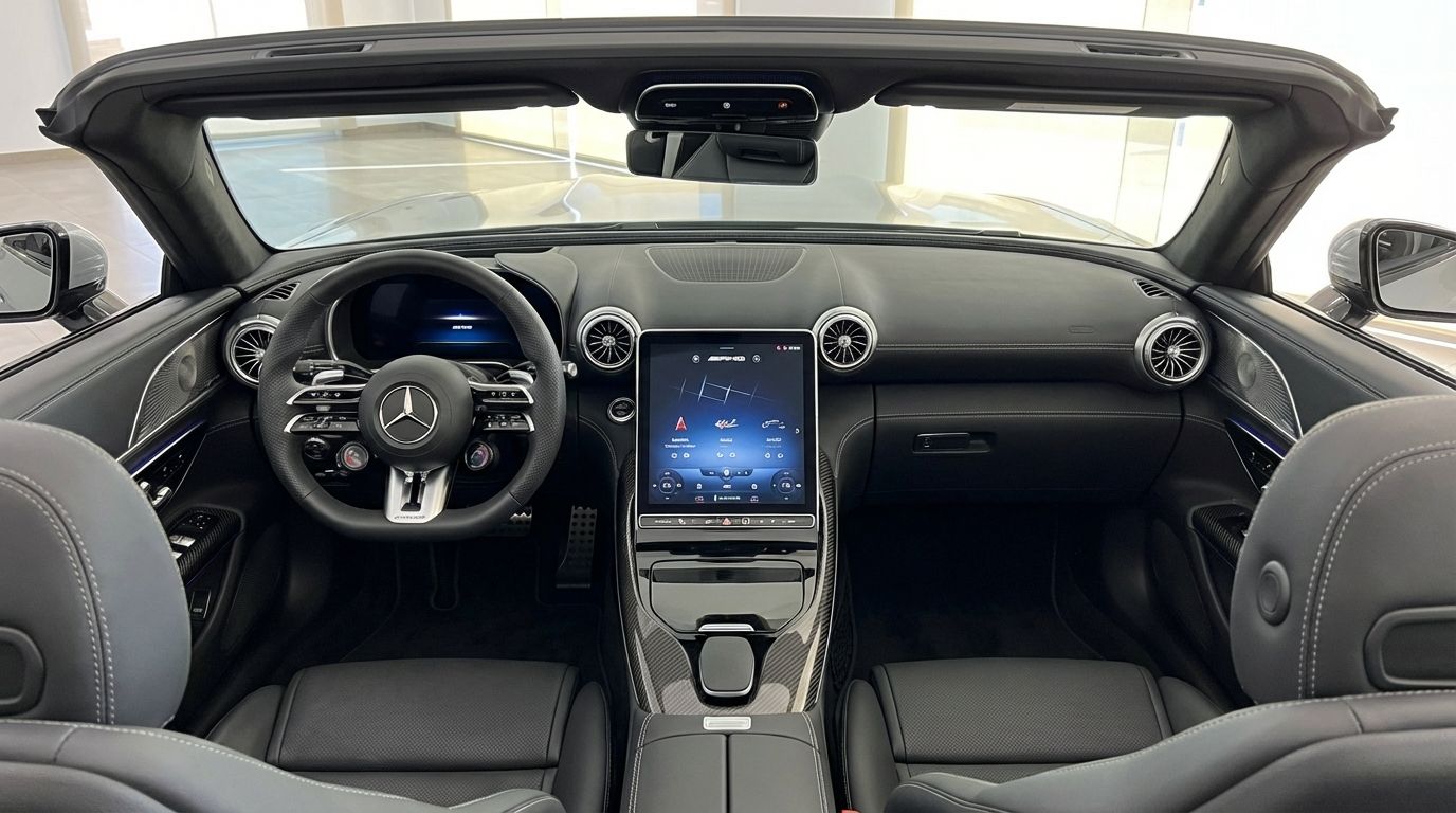 The luxurious black interior of the Mercedes-Benz AMG GT Roadster in Ibiza, featuring the steering wheel, dashboard, and central infotainment screen.