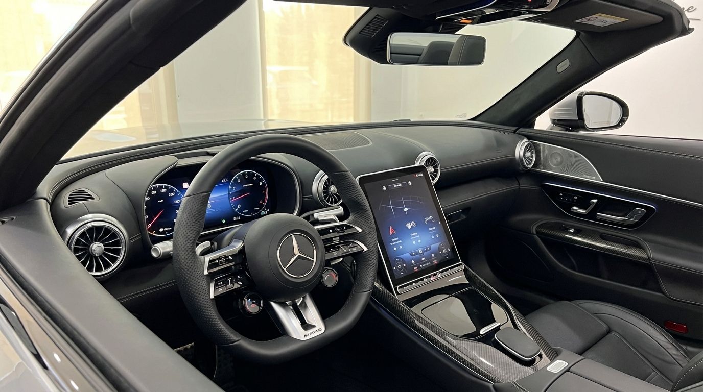 The luxurious interior of the Mercedes-Benz AMG GT Roadster in Ibiza, featuring its steering wheel, digital dashboard, and central touchscreen.