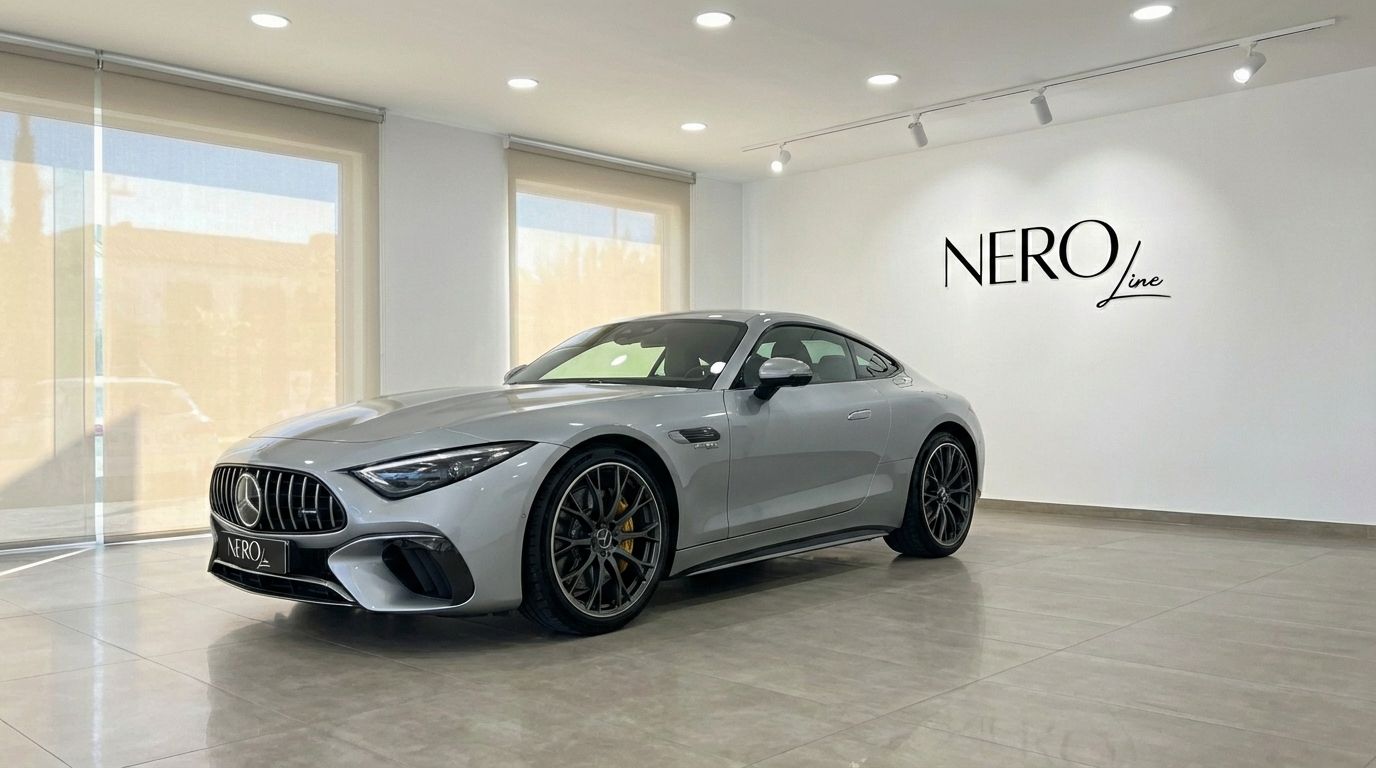 The 2025 Mercedes-Benz AMG GT Roadster in Silver Grey Metallic is showcased from a front three-quarter view inside a showroom in Ibiza.