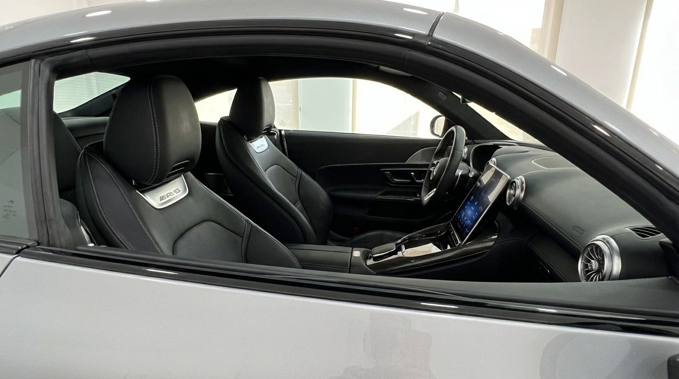 The luxurious black leather interior with AMG seats and modern dashboard of the Mercedes-Benz AMG GT Roadster in Ibiza.