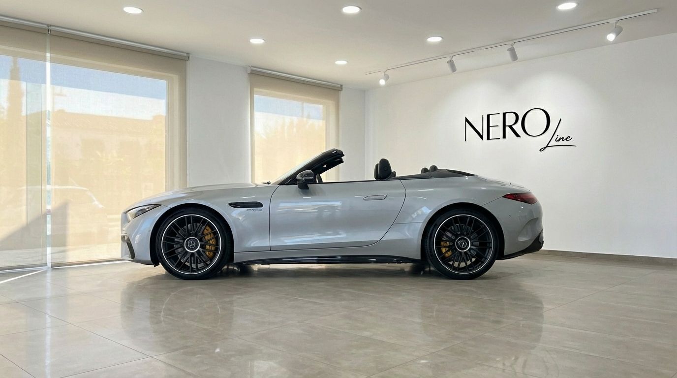 The silver grey metallic Mercedes-Benz AMG GT Roadster is showcased from its side profile with the convertible top down in an Ibiza showroom.