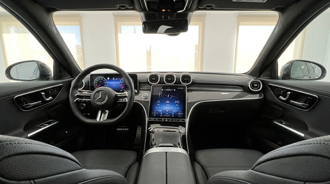 The luxurious interior of the 2025 Mercedes-Benz C 180, showcasing the modern dashboard, digital displays, and steering wheel in Alicante.