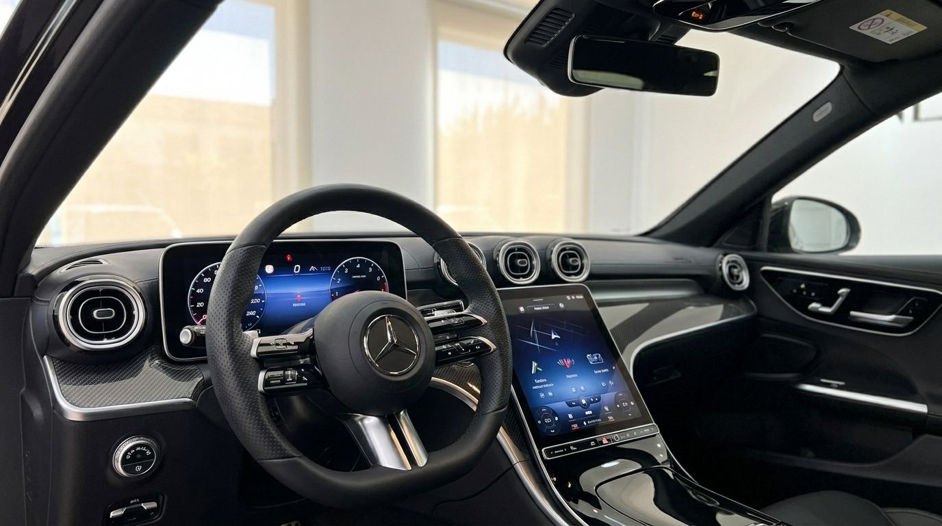 The luxurious interior of the 2025 Mercedes-Benz C 180, showcasing the digital cockpit, steering wheel, and large central touchscreen in Alicante.