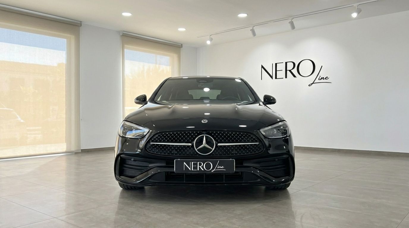 The black Mercedes-Benz C 180 is prominently displayed from the front in a showroom in Alicante.