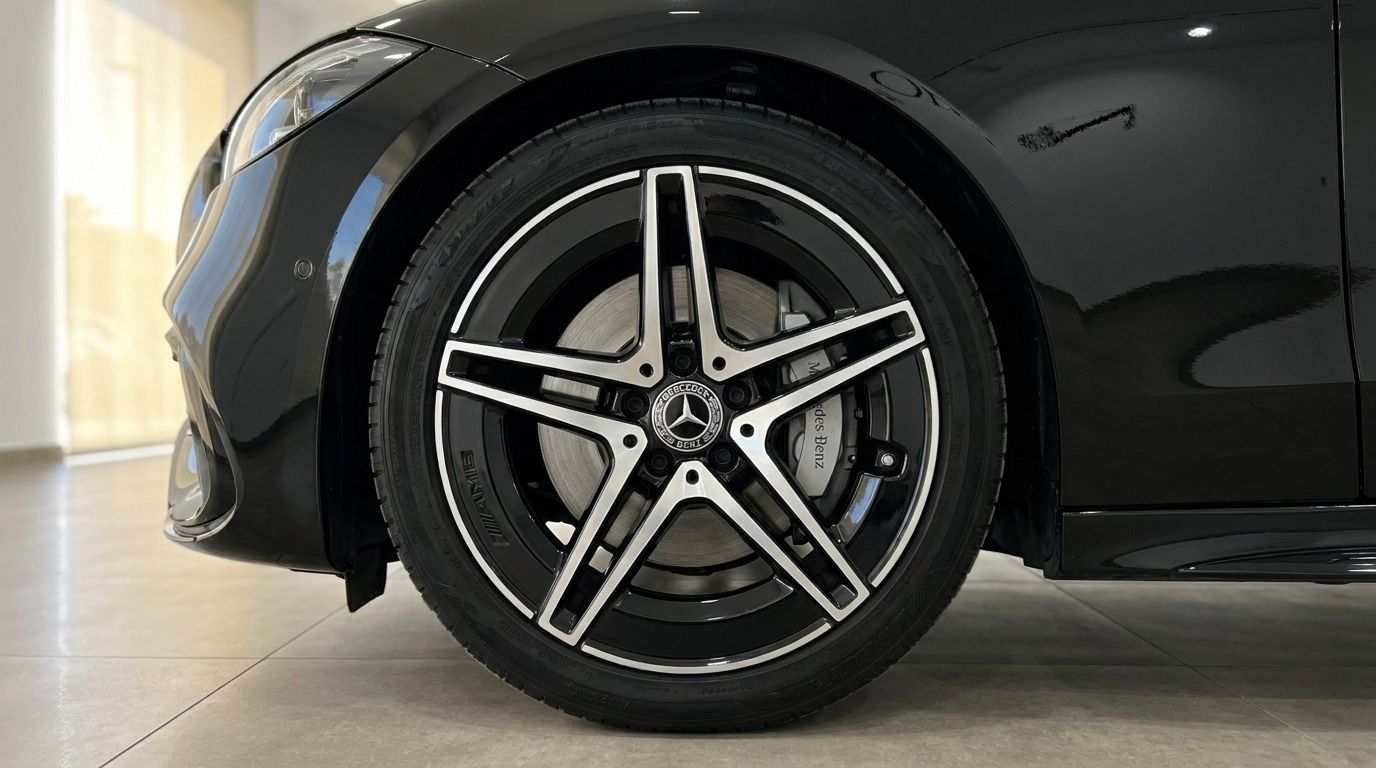 The front wheel and tire of a black Mercedes-Benz C 180, featuring a distinctive five-spoke rim, are visible in Alicante.