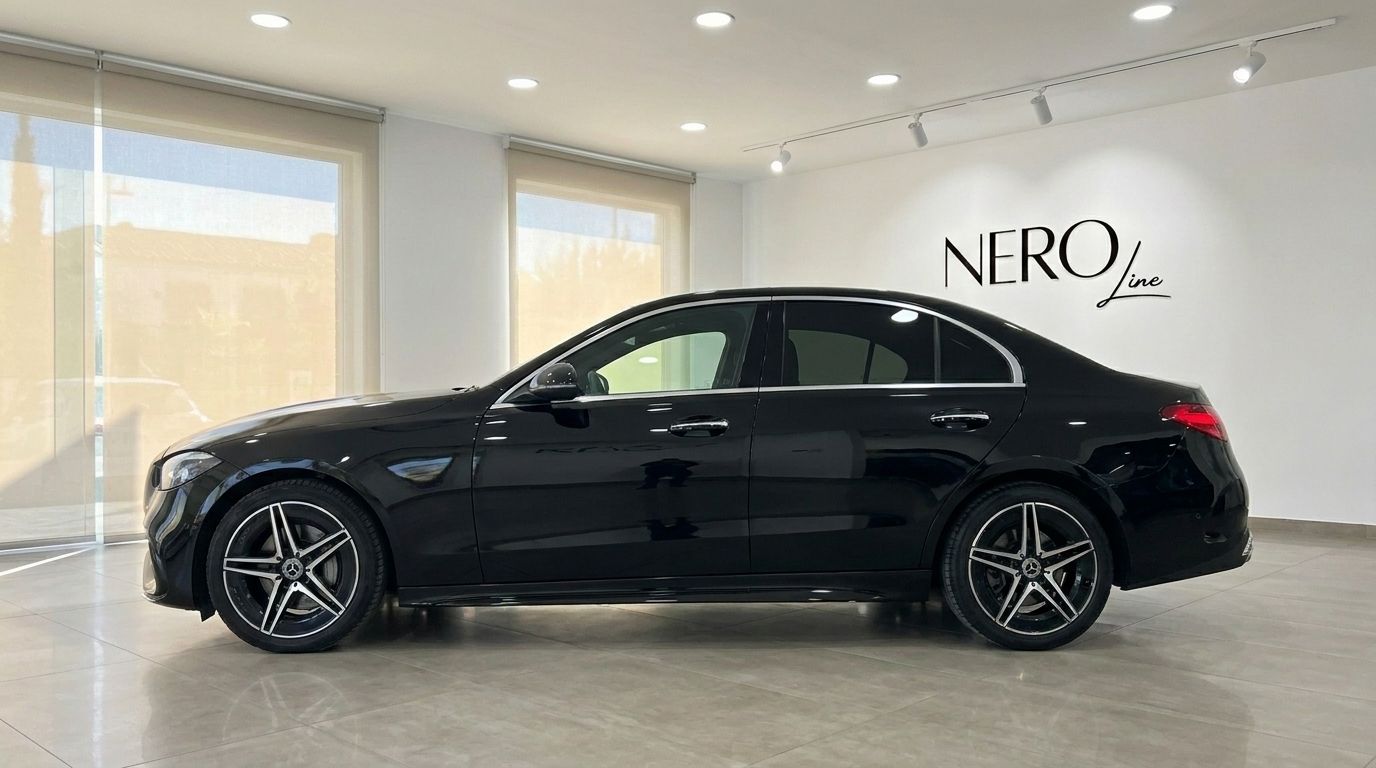 The black Mercedes-Benz C 180 luxury sedan is shown from a side profile view inside a showroom in Alicante.