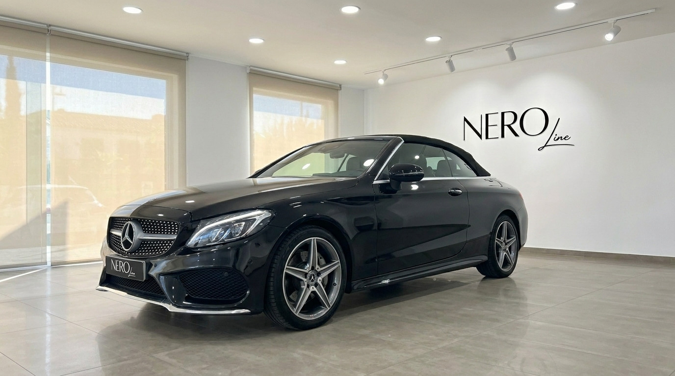 Mercedes-Benz C-Class Cabriolet — Showroom Alicante A black 2020 Mercedes-Benz C-Class Cabriolet is shown from the front three-quarter view in a showroom in Alicante.