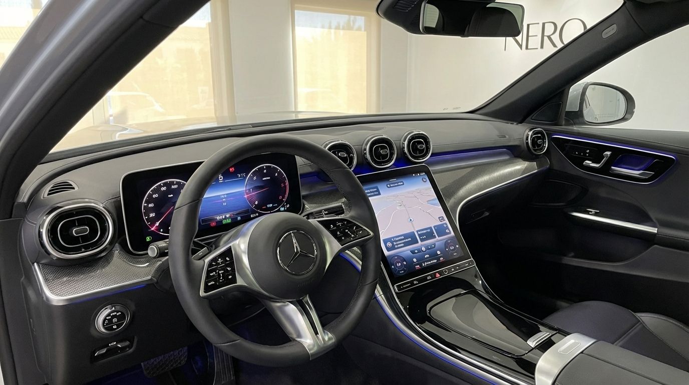The luxurious interior cockpit of the 2024 Mercedes-Benz C220d, showcasing the digital dashboard and central infotainment screen in Alicante.