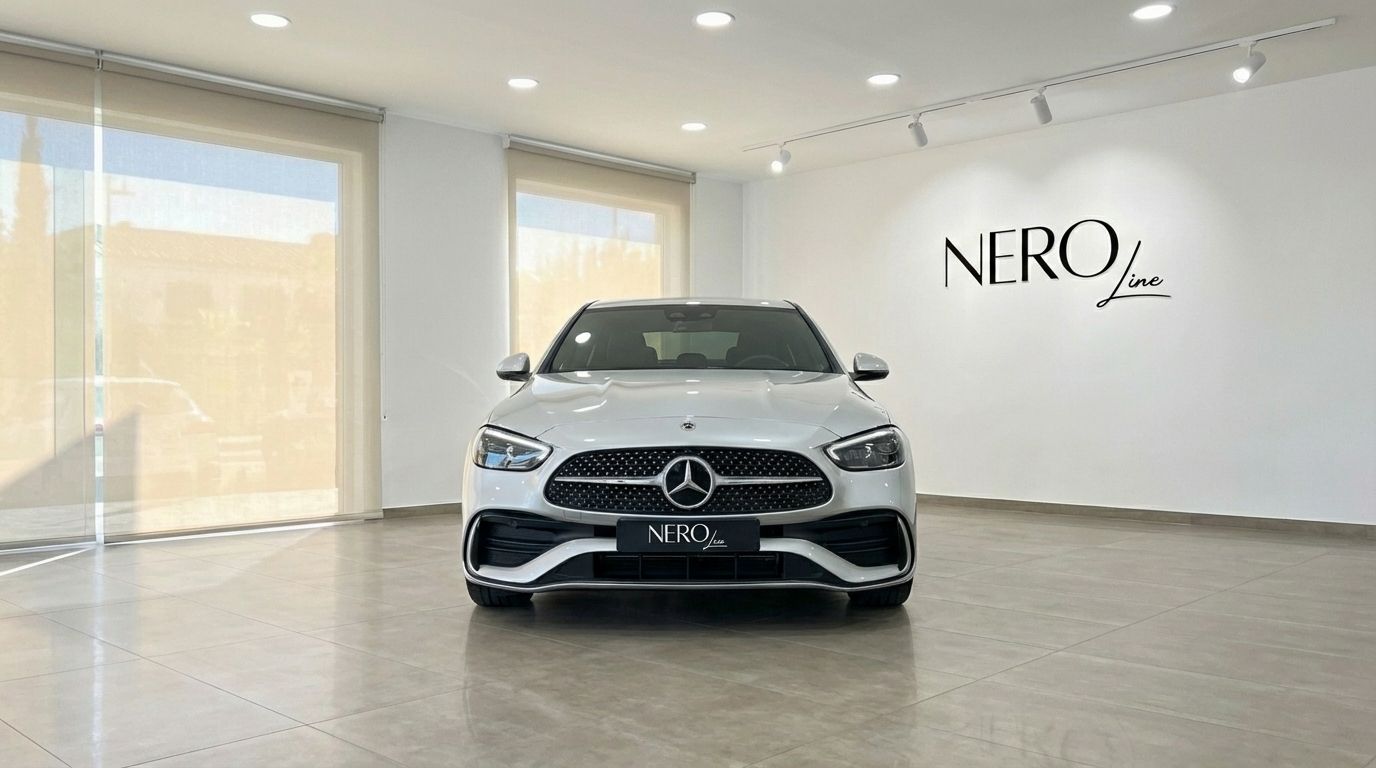 The white Mercedes-Benz C220d luxury sedan is prominently displayed from the front in a bright Alicante showroom.