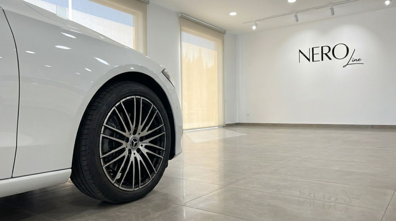 The white Mercedes-Benz C220d's front wheel and side body are visible in a bright showroom in Alicante.