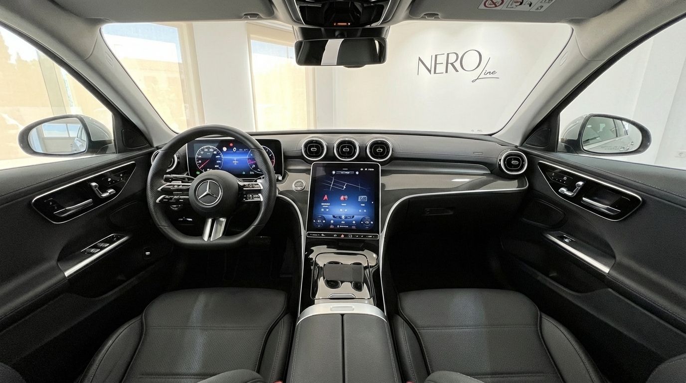 The luxurious interior cockpit of the 2024 Mercedes-Benz C220d, showcasing its modern dashboard, steering wheel, and large central display in Alicante.