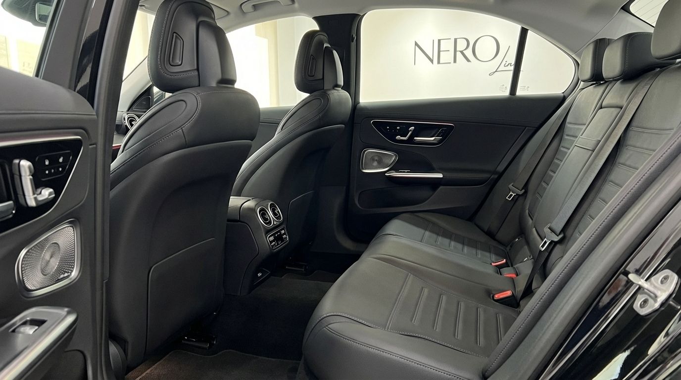 The luxurious black leather rear interior of the Mercedes-Benz C220d, showcasing comfortable seating and door details in Alicante.