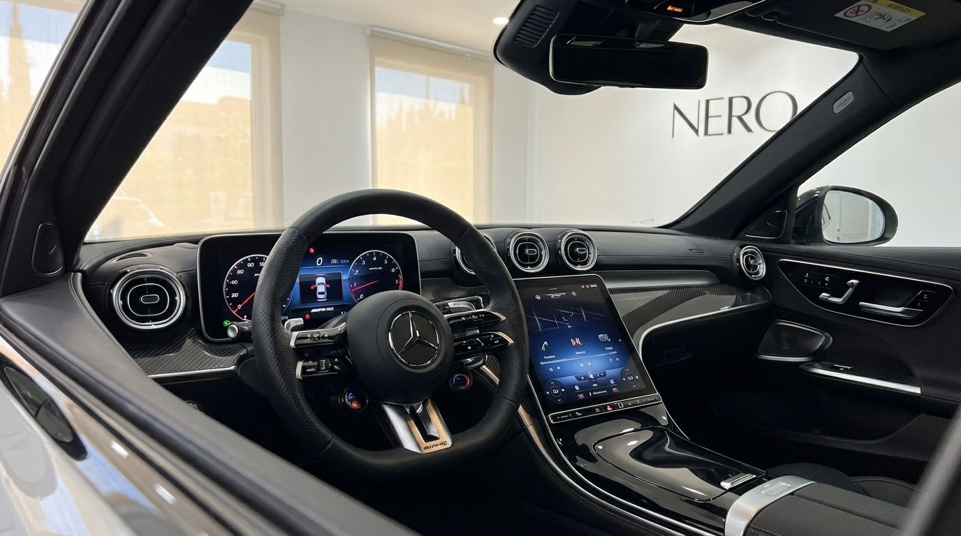 The luxurious cockpit of the Mercedes-Benz C63 AMG in Alicante, featuring its steering wheel, digital dashboard, and central infotainment screen.