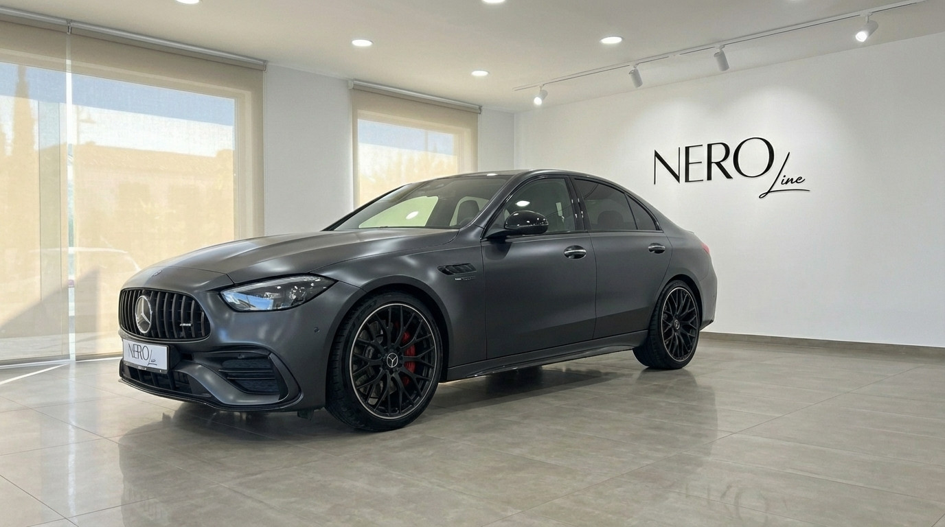 Mercedes-Benz C63 AMG — Luxury sedan in Alicante The dark metallic grey 2024 Mercedes-Benz C63 AMG luxury sedan is showcased from a front three-quarter angle in a bright Alicante showroom.