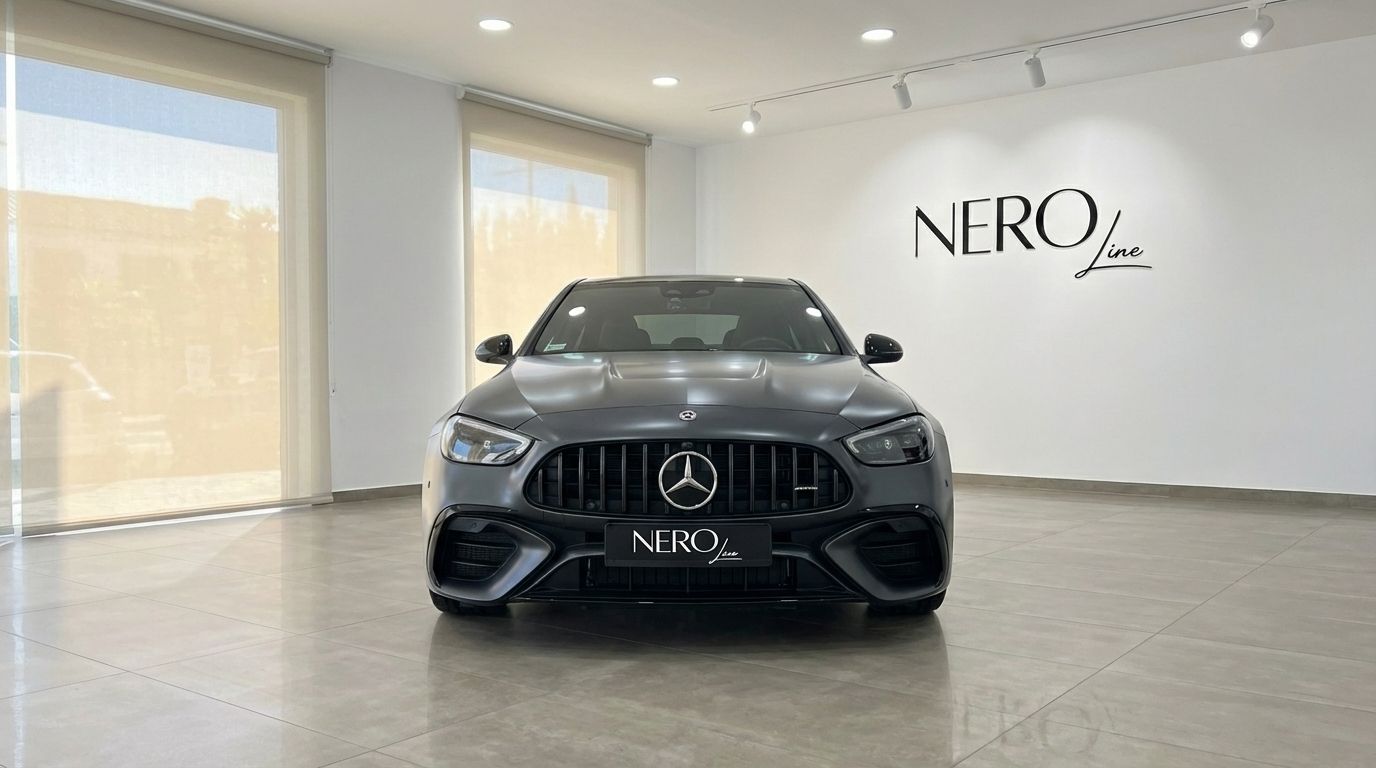 The dark metallic grey Mercedes-Benz C63 AMG is showcased head-on in a bright showroom in Alicante.