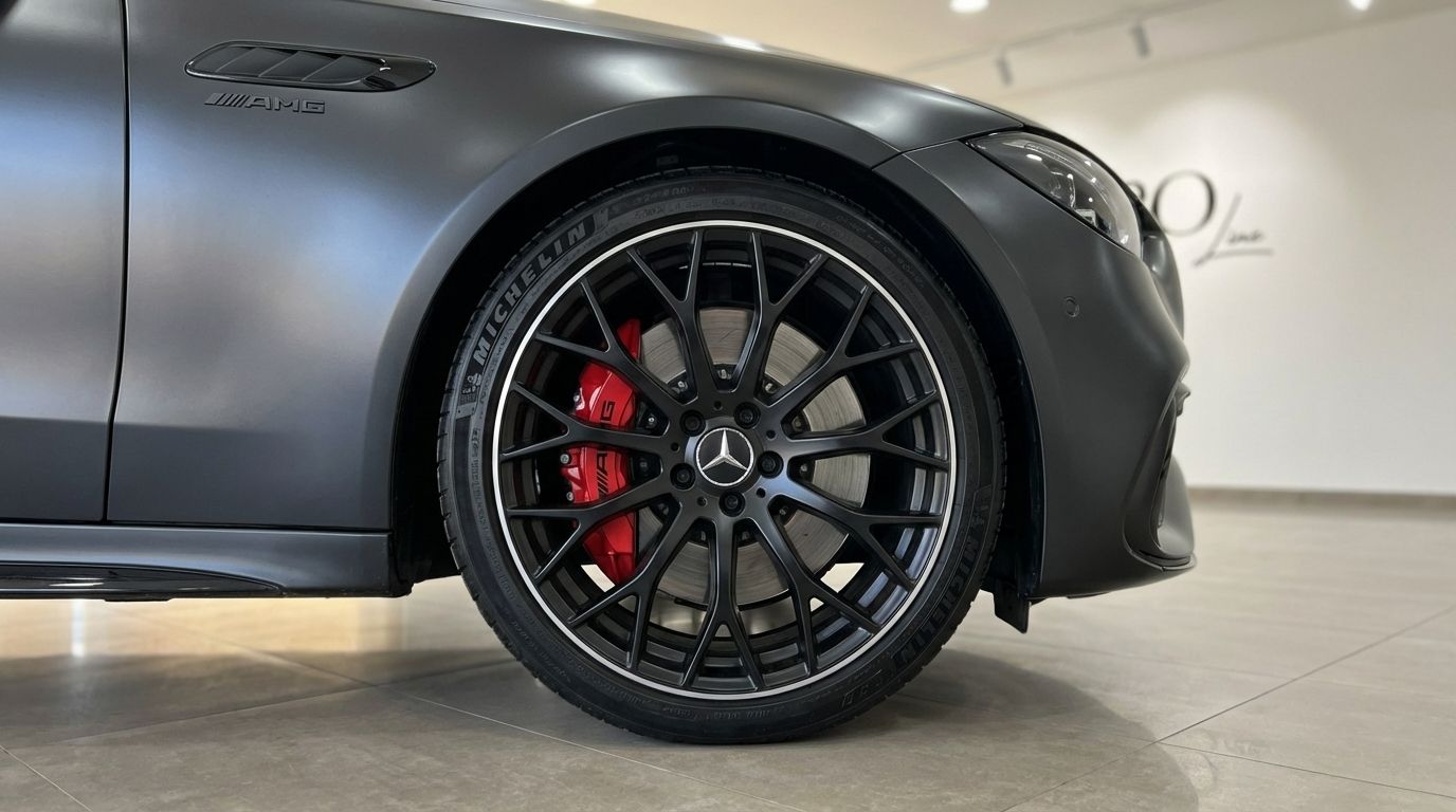 The dark metallic grey Mercedes-Benz C63 AMG showcases its front wheel with black multi-spoke rim and red brake caliper in Alicante.