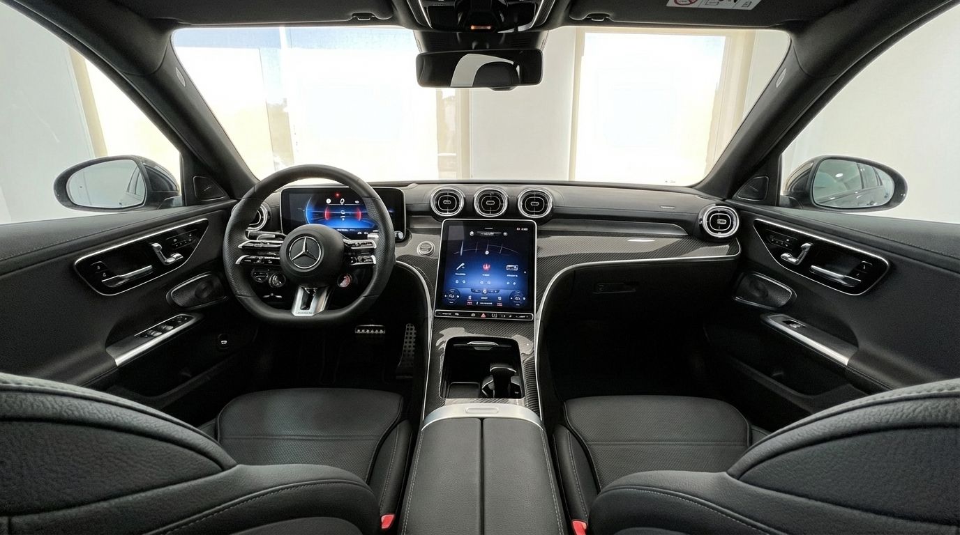 The luxurious interior cockpit of the 2024 Mercedes-Benz C63 AMG in Alicante, featuring its advanced digital dashboard and central infotainment screen.