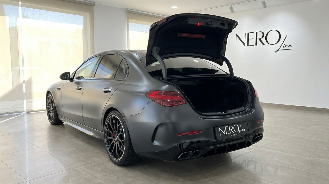The dark metallic grey Mercedes-Benz C63 AMG is shown from the rear three-quarter angle with its trunk open in Alicante.