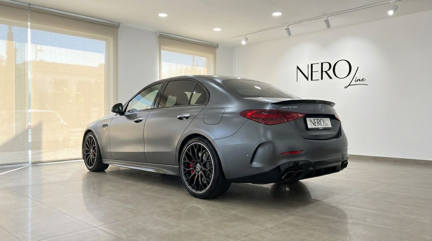 The dark grey matte Mercedes-Benz C63 AMG is showcased from a rear three-quarter angle in a bright Alicante showroom.