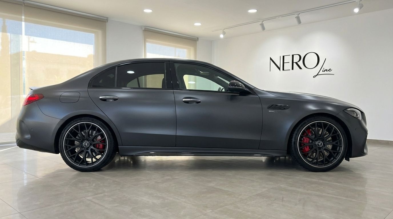 The dark metallic grey 2024 Mercedes-Benz C63 AMG is showcased in a full side profile view inside a showroom in Alicante.