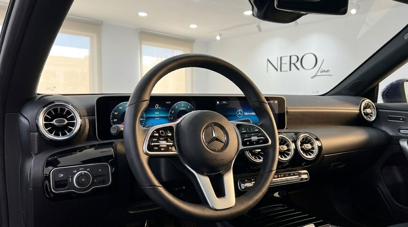 The luxurious cockpit of the 2022 Mercedes-Benz CLA in Mallorca, featuring the steering wheel and digital dashboard.