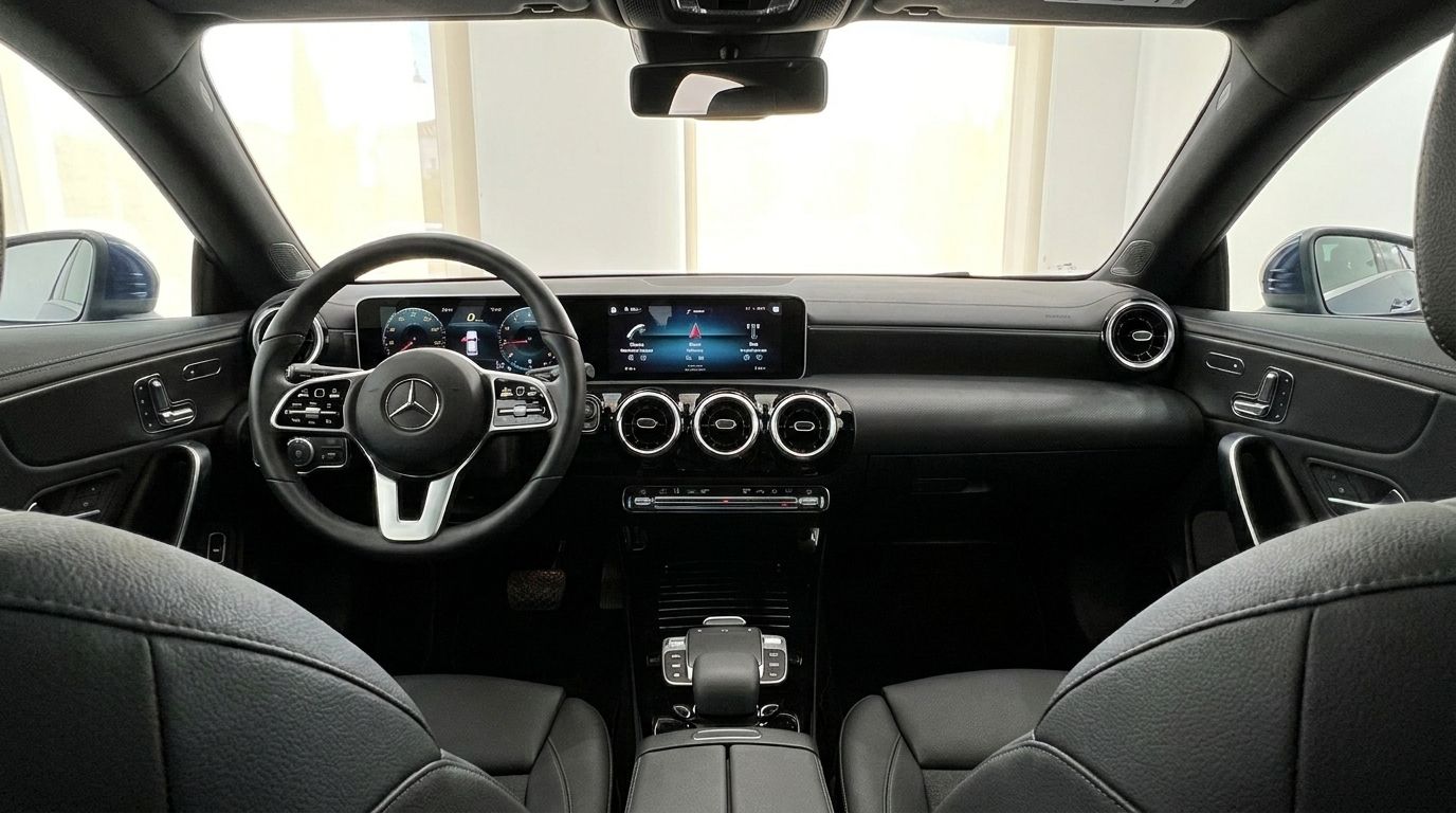 The luxurious interior cockpit of the Mercedes-Benz CLA, featuring its digital dashboard and steering wheel in Mallorca.