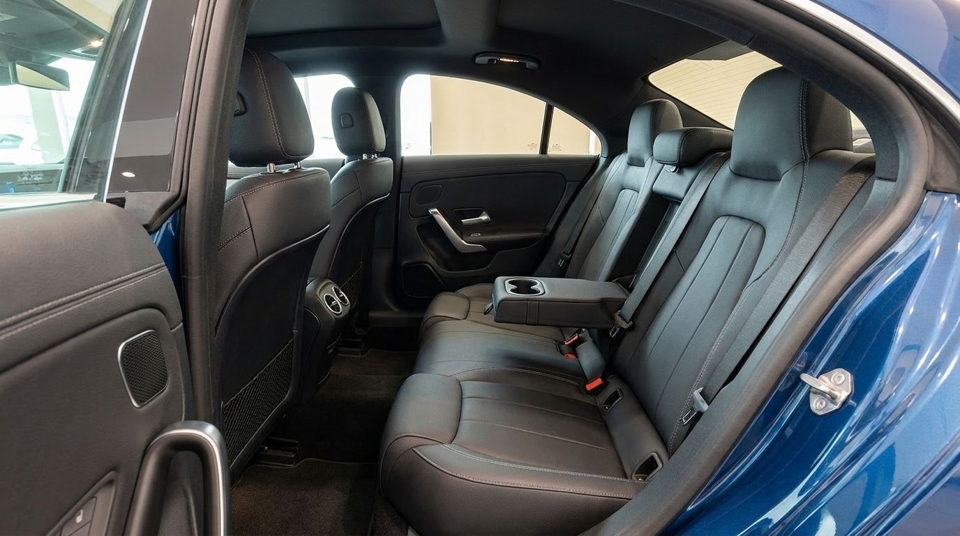 Mercedes-Benz CLA rear interior featuring black leather seats, a folded armrest with cup holders, and the blue door panel in Mallorca.