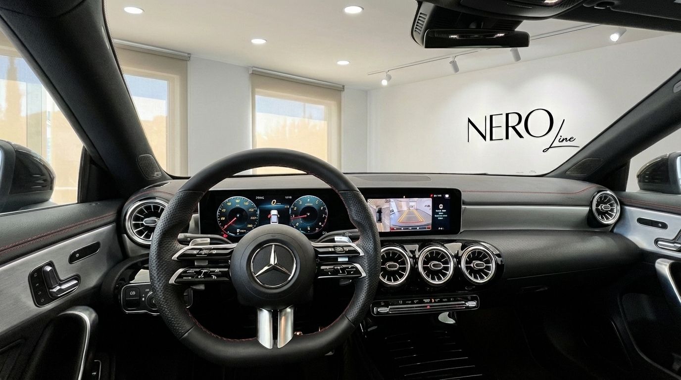 The luxurious interior of the Mercedes-Benz CLA 200 in Alicante, showcasing the steering wheel, digital dashboard, and infotainment screen.