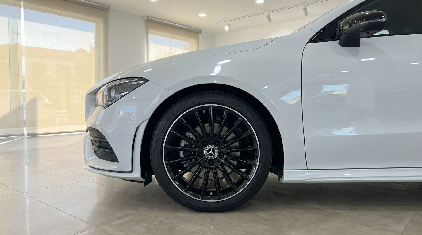The white 2025 Mercedes-Benz CLA 200 is showcased from its front-left side, highlighting the sleek headlight and black multi-spoke wheel in Alicante.