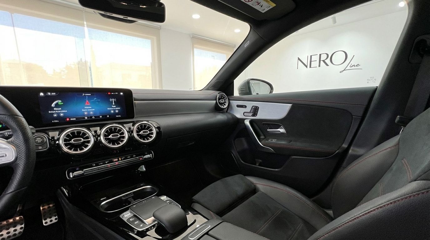 The luxurious interior of the 2025 Mercedes-Benz CLA 200 in Alicante, showcasing its modern dashboard, infotainment screen, and comfortable black seats with red stitching.