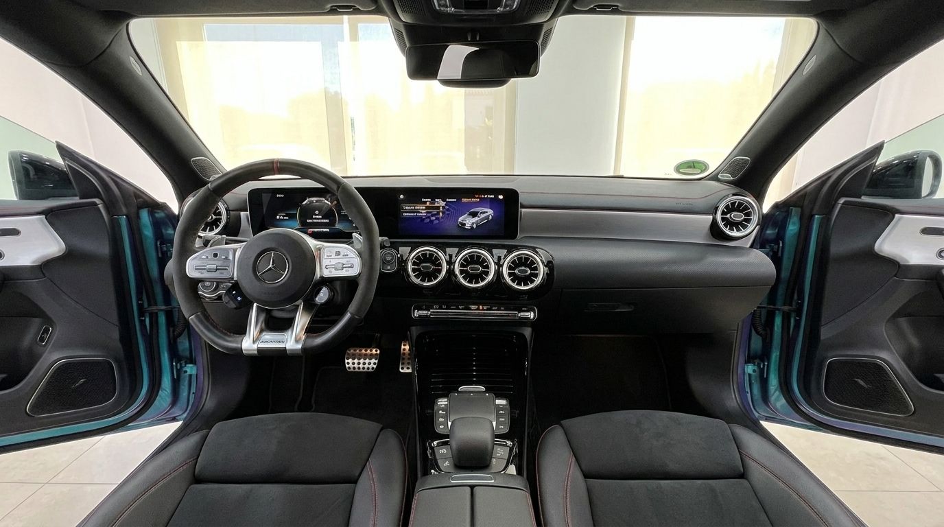 The luxurious interior cockpit and dashboard of the Mercedes-Benz CLA 45 AMG in Alicante, featuring a sporty steering wheel and dual screens.
