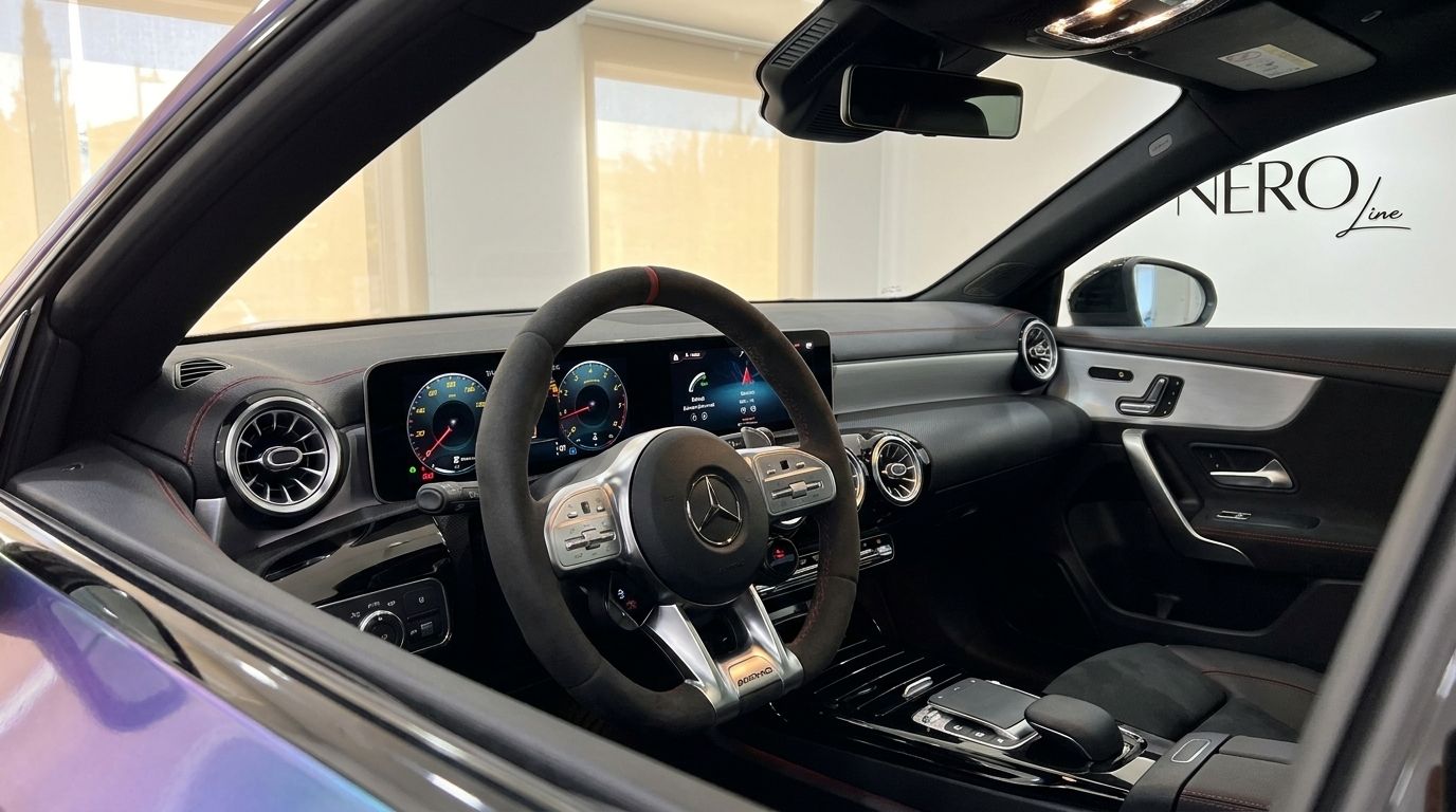 The luxurious interior of the Mercedes-Benz CLA 45 AMG, featuring the steering wheel, dashboard, and digital displays in Alicante.