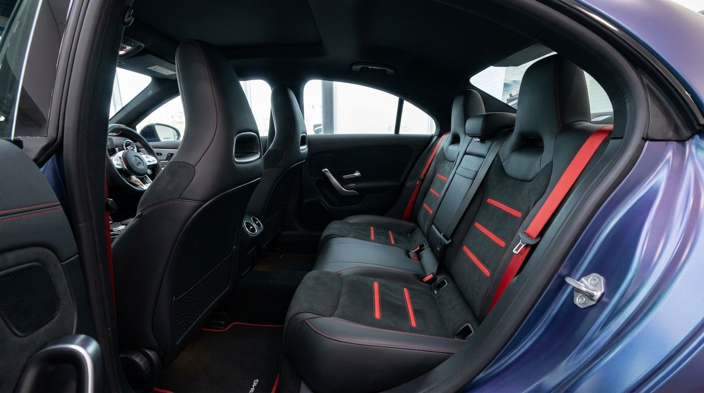 The Mercedes-Benz CLA 45 AMG's rear interior features black sport seats with red accents and seatbelts in Alicante.