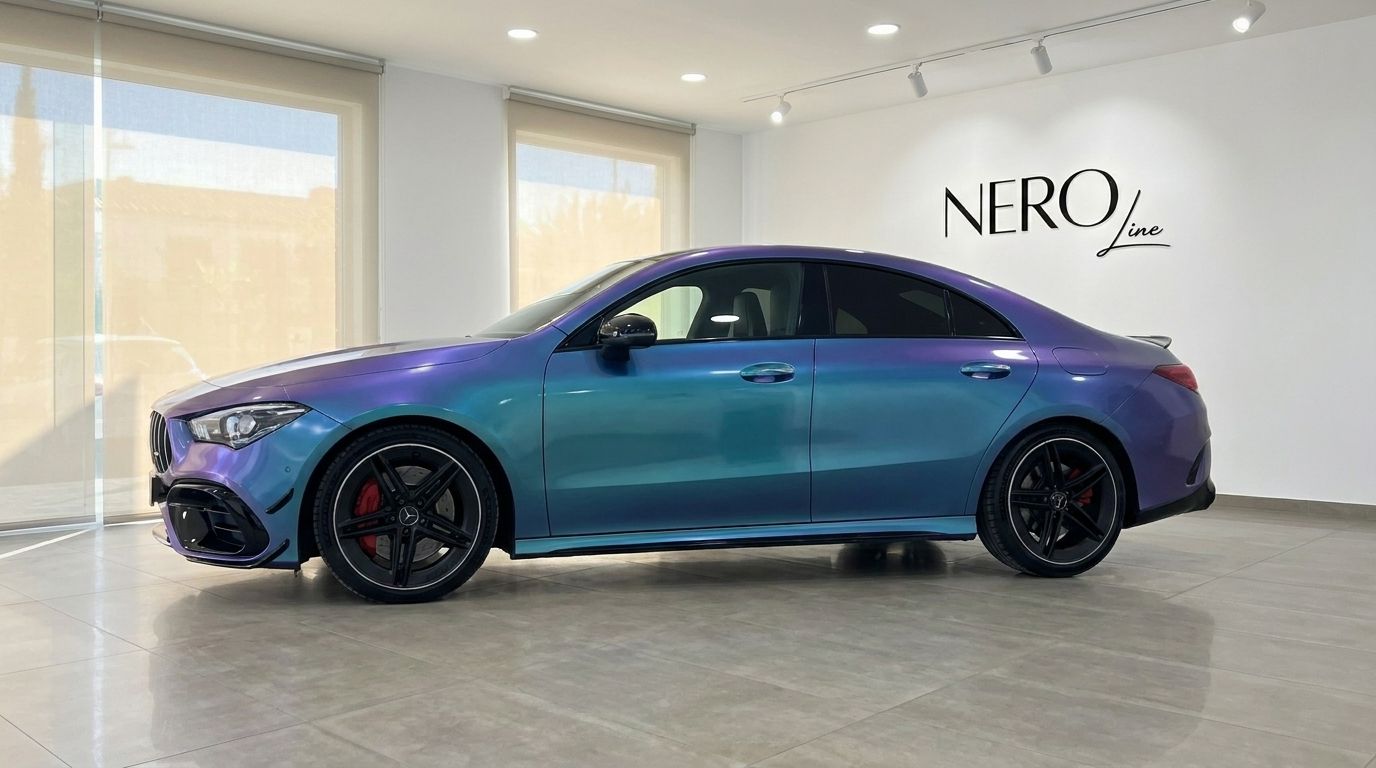 The Mercedes-Benz CLA 45 AMG, with its striking iridescent paint, is showcased in a showroom in Alicante.