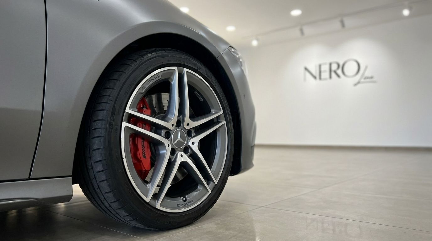 La Mercedes-Benz CLA 45s AMG Gris Montagne Magno mat présente sa roue avant avec des étriers de frein AMG rouges à Marbella.