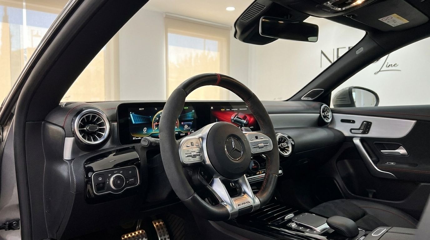 Le cockpit luxueux de la Mercedes-Benz CLA 45s AMG à Marbella, présentant le volant et le tableau de bord numérique.