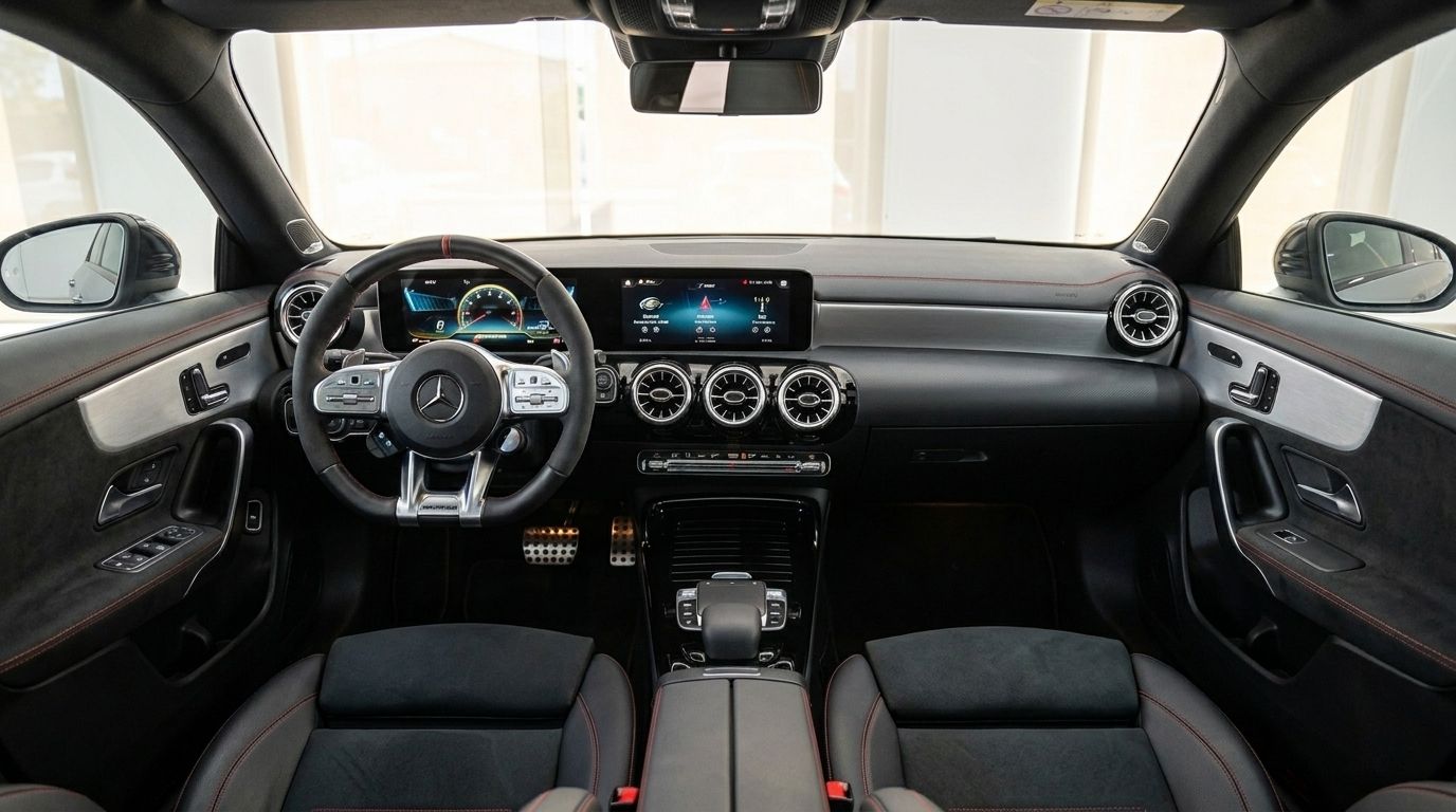 L'intérieur luxueux de la Mercedes-Benz CLA 45s AMG à Marbella, présentant le volant, le tableau de bord et les sièges avant.