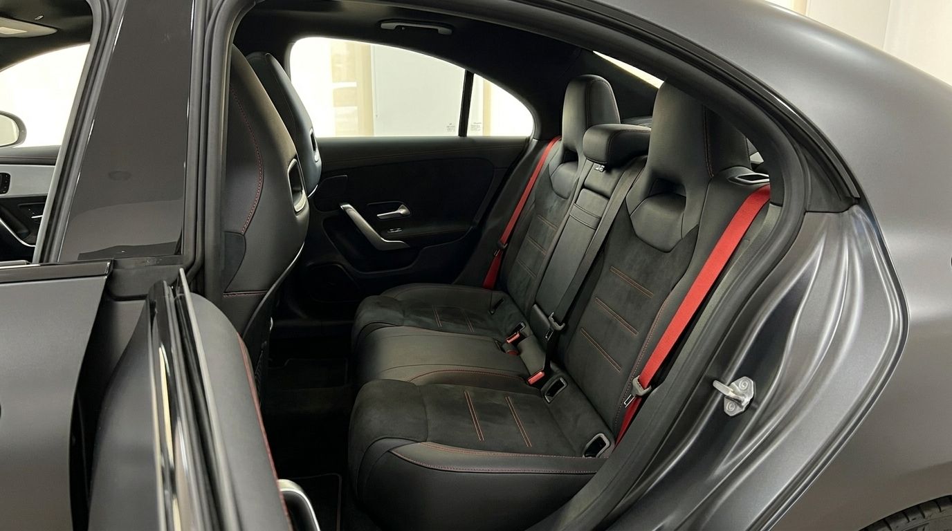 Les luxueux sièges arrière de la Mercedes-Benz CLA 45s AMG Gris Montagne Magno mat, avec ceintures et surpiqûres rouges à Marbella.