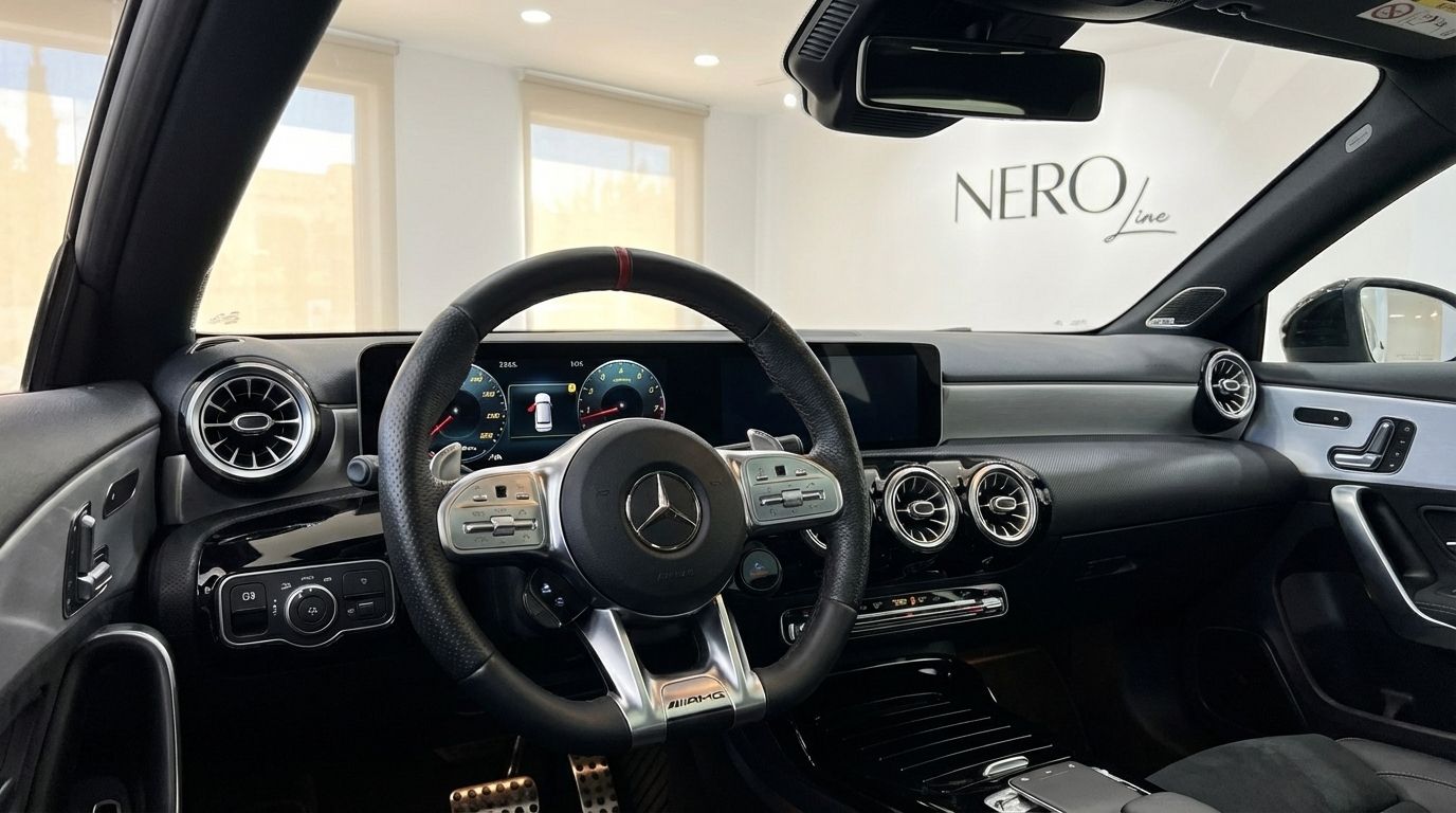 The luxurious interior of the Mercedes-Benz CLA 45s AMG in Alicante, featuring its sporty steering wheel and modern digital dashboard.